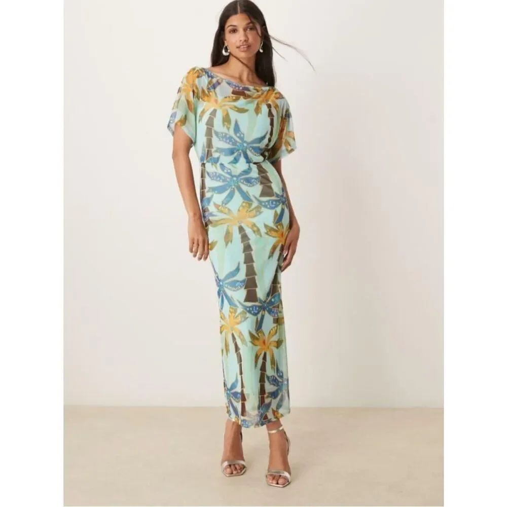 Never Fully Dressed Tilly off asymmetric mesh maxi dress in blue palm print New